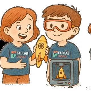 Gezeichnete Kinder in FabLab-Shirts mit einer Rakete aus dem 3D-Drucker
